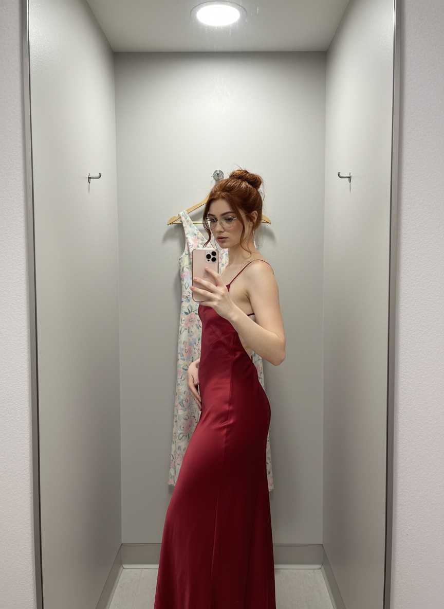 Clara — Clara takes a mirror selfie in a medium shot, standing sideways in a fitting room while wearing a floor-length, deep red spaghetti-strap slip dress, round glasses, and hoop earrings, with her hair in a bun.