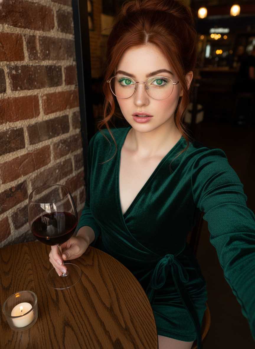 Clara — Clara sits at a wooden table in a medium close-up shot, holding a glass of red wine, wearing a long-sleeved green velvet wrap dress, with a serious expression looking directly at the camera against a brick wall and blurred restaurant background; her footwear is not visible.