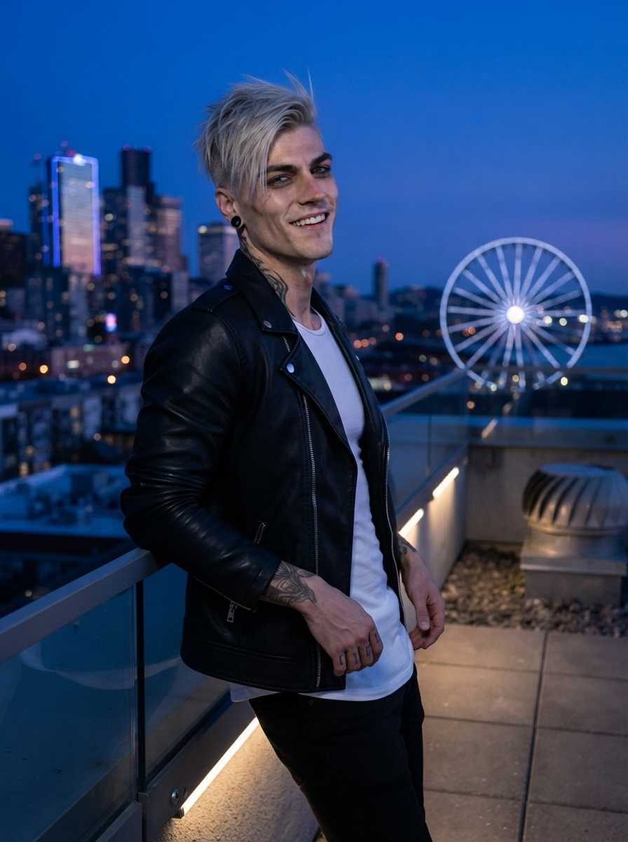 Silas — In a medium shot on a rooftop at dusk, Silas leans against a glass railing with a city skyline and Ferris wheel behind him, wearing a black leather jacket over a white t-shirt and black pants, smiling to the right with his face and upper body filling the frame while his physique is subtly defined by his jacket.