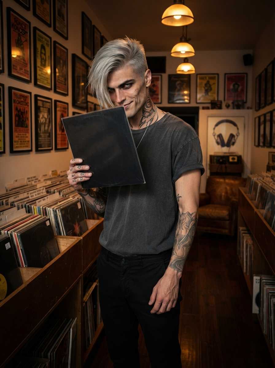 Silas — In a medium shot set within a record store lined with shelves of vinyl and framed posters, Silas stands holding a black record sleeve in his right hand, peeking over it with a mischievous smirk while wearing a dark grey short-sleeved t-shirt and black pants, with his face, arms, and upper torso clearly visible.