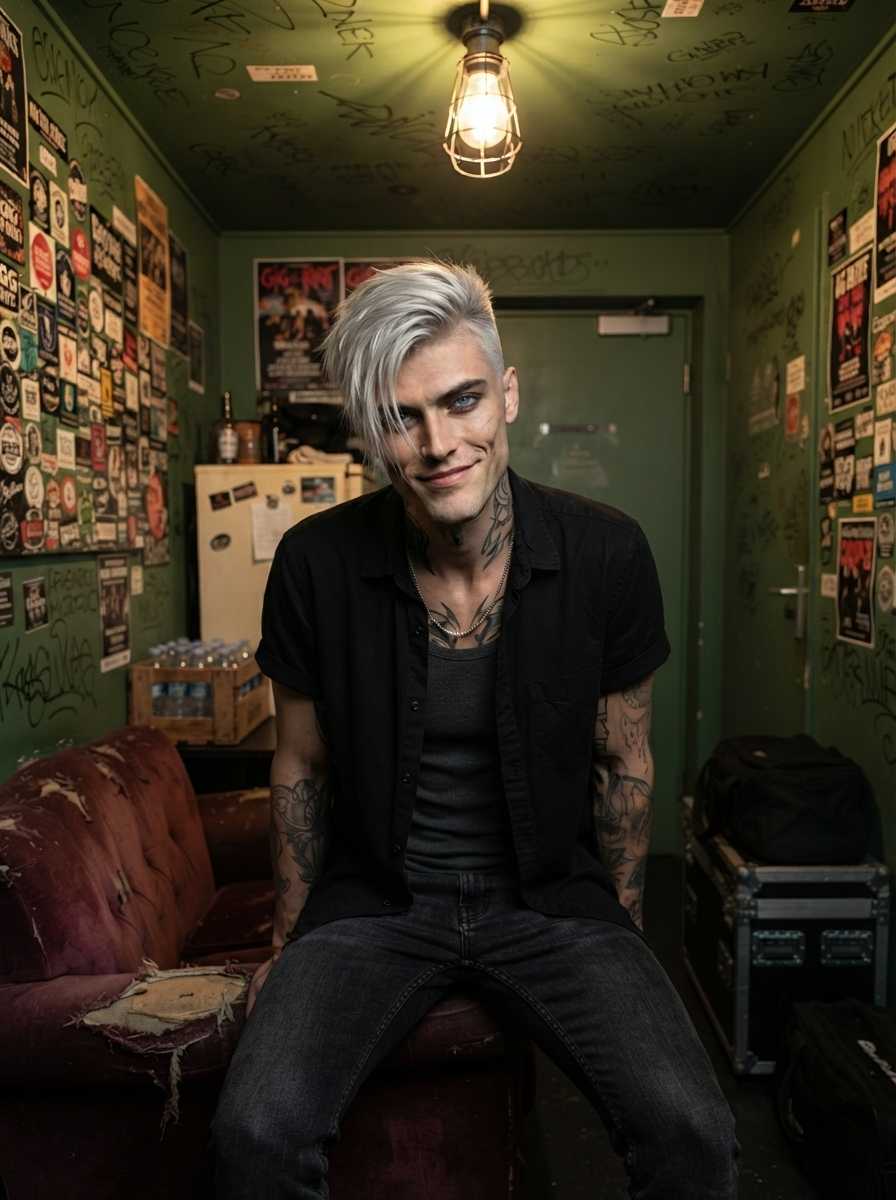Silas — In a three-quarter body shot, Silas sits on a worn maroon sofa in a narrow room with green walls covered in stickers and graffiti, wearing a black short-sleeved button-up shirt unbuttoned over a dark tank top and dark jeans, with his tattooed arms, neck, and upper chest visible as he offers a subtle smirk to the camera.
