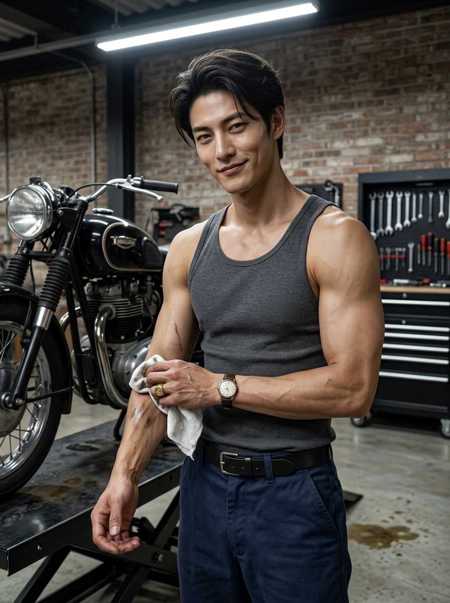 Haeon — In a medium shot set within a brick-walled garage, Haeon stands from the mid-thighs up beside a motorcycle on a lift, wiping grease from his muscular forearm with a white rag while wearing a grey ribbed tank top that reveals his broad shoulders and chest, dark blue trousers secured with a black belt, and a wristwatch, with his face and upper body filling the frame as he offers a subtle, confident smile.