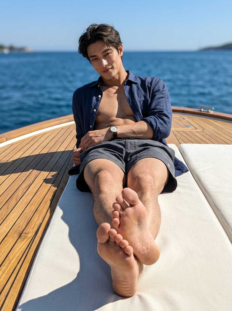 Haeon — Haeon reclines on a white cushion on the wooden deck of a boat, wearing an unbuttoned blue shirt that exposes his chest and abdomen, dark shorts, and a wristwatch, while looking directly at the camera with a relaxed expression in a low-angle full-body shot that emphasizes his bare feet and extended legs against the backdrop of the blue sea.
