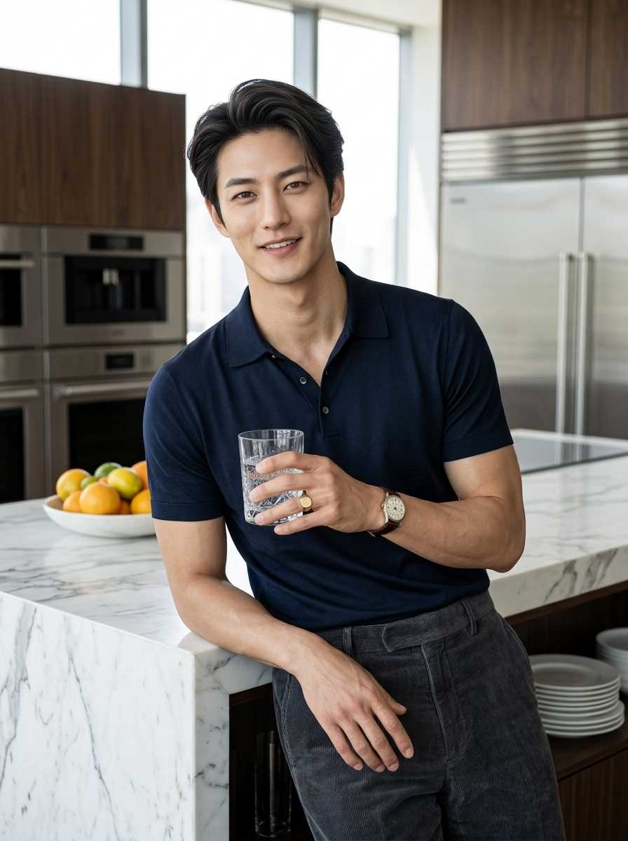 Haeon — In a half-body shot set in a modern kitchen, Haeon leans casually against a marble island wearing a navy blue polo shirt and dark grey corduroy trousers, holding a glass of water with a gentle smile while his face and upper body fill the frame, with the fitted shirt highlighting his arm and chest definition.