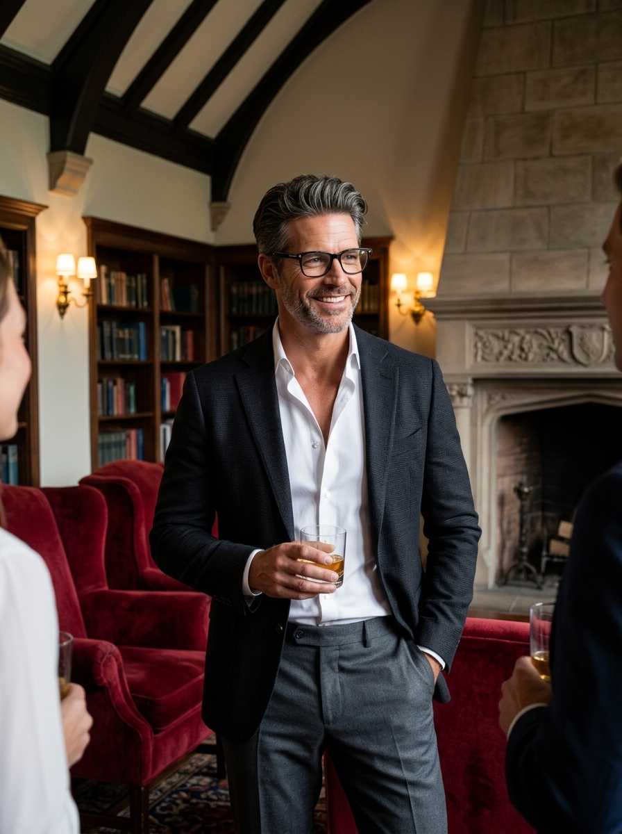 Julian — In a three-quarter body shot set within a cozy, wood-paneled library, Julian stands smiling while holding a glass of amber liquid, dressed in a dark blazer, an unbuttoned white shirt, and grey trousers with his left hand casually tucked into his pocket.