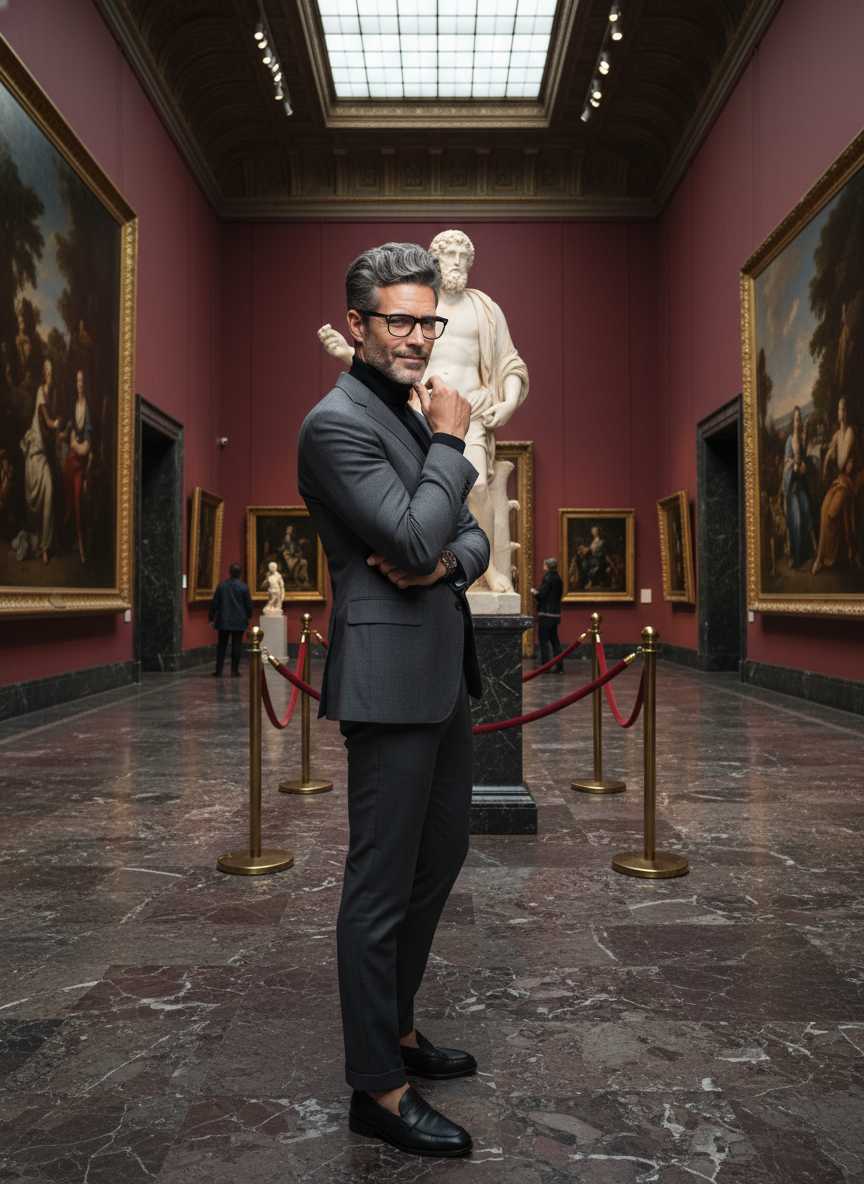 Julian — A man in a black turtleneck shirt, grey two-piece suit, and black leather loafers stands thoughtfully with his hand on his chin, looking at the camera in a medium wide shot within a grand art gallery featuring red walls, large paintings, a marble statue, and a patterned marble floor.