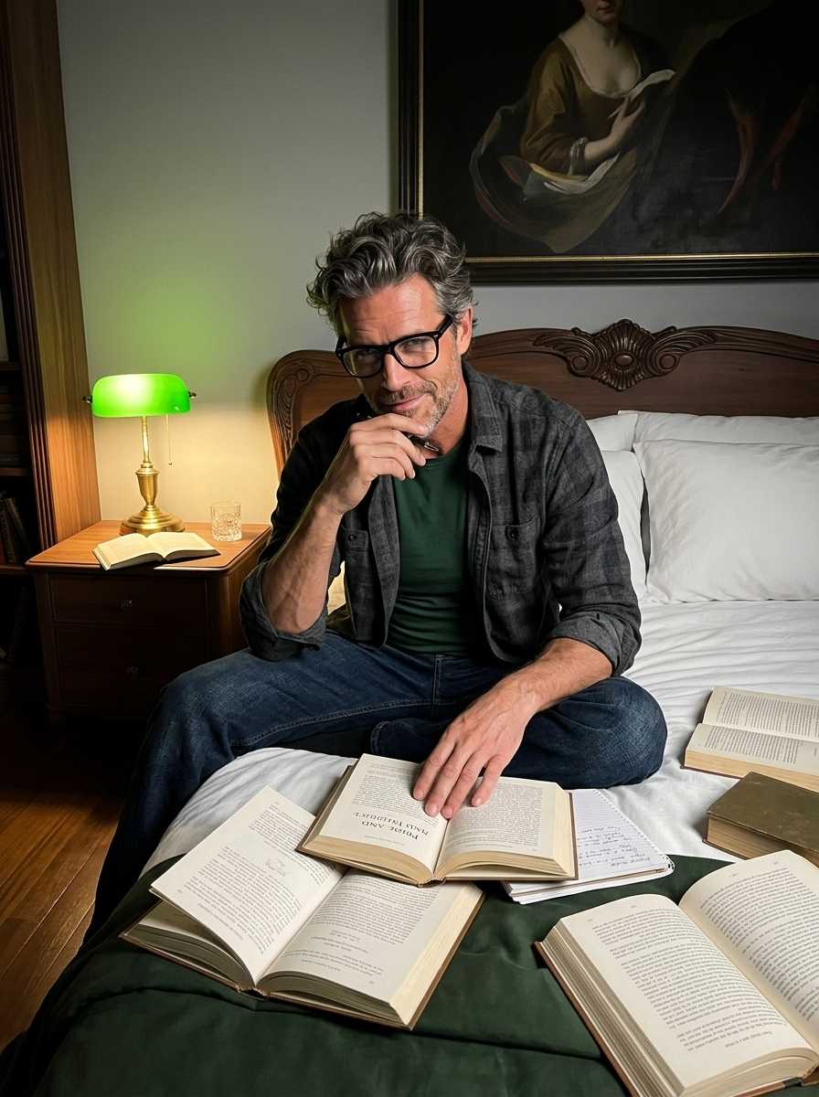 Julian — In a medium three-quarter body shot, Julian sits cross-legged on a bed surrounded by open books, wearing a dark gray button-up shirt over a green t-shirt, blue jeans, and black-rimmed glasses, with his hand resting thoughtfully on his chin and his face and upper body filling the frame.