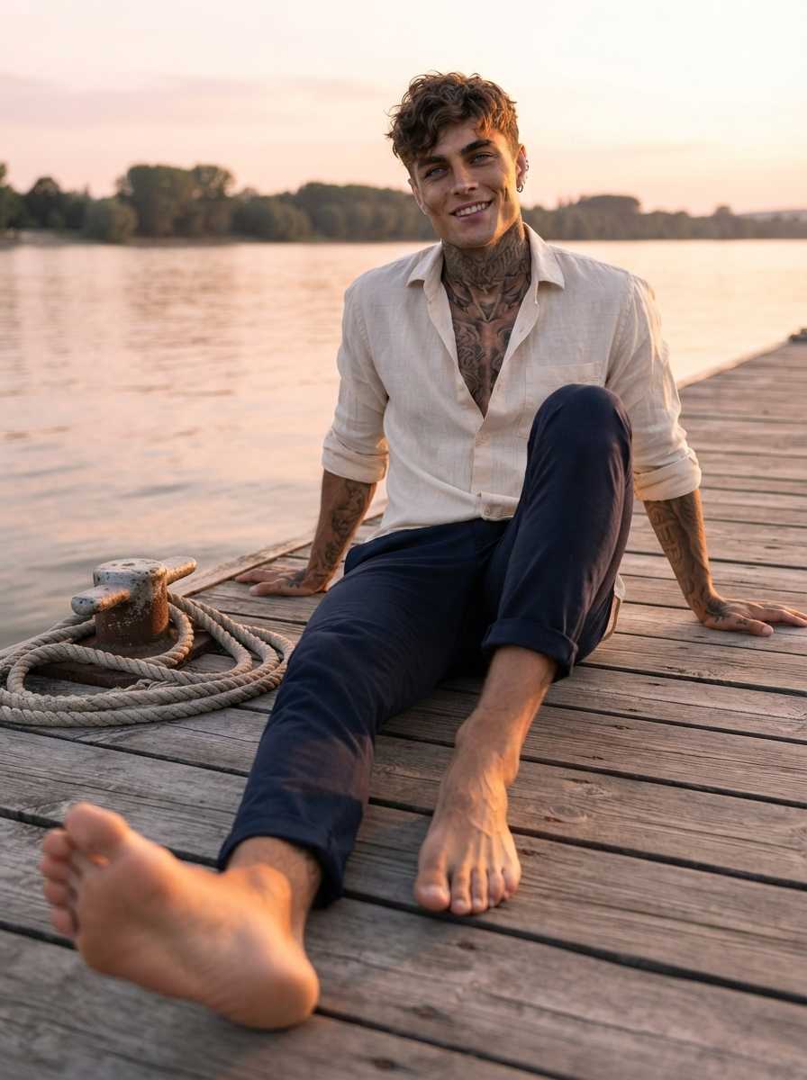 Kai — Kai sits barefoot on a wooden dock during sunset, wearing a light beige button-down shirt unbuttoned at the collar to expose his chest and arms, paired with dark blue trousers rolled up at the ankles, smiling with a relaxed, reclined posture in a low-angle wide shot where his full figure is visible.