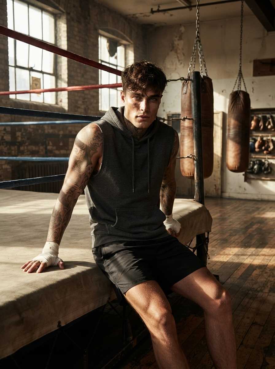 Kai — Kai sits on the edge of a boxing ring in a three-quarter body shot, wearing a grey sleeveless hoodie and black shorts with white hand wraps, his serious expression and visible arms and legs prominently displayed against the backdrop of hanging punching bags.