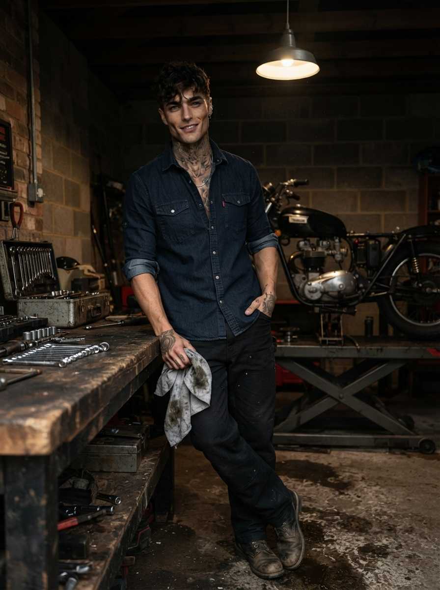 Kai — Kai leans casually against a cluttered workbench in a dimly lit garage, holding a greasy rag in his right hand while his left hand rests in the pocket of his dark work pants, wearing a dark blue denim button-down shirt with sleeves rolled up to his elbows to reveal his forearms and sturdy brown boots in a full body shot that captures his confident smile and relaxed posture as he looks directly at the camera with a motorcycle visible on a lift in the background.