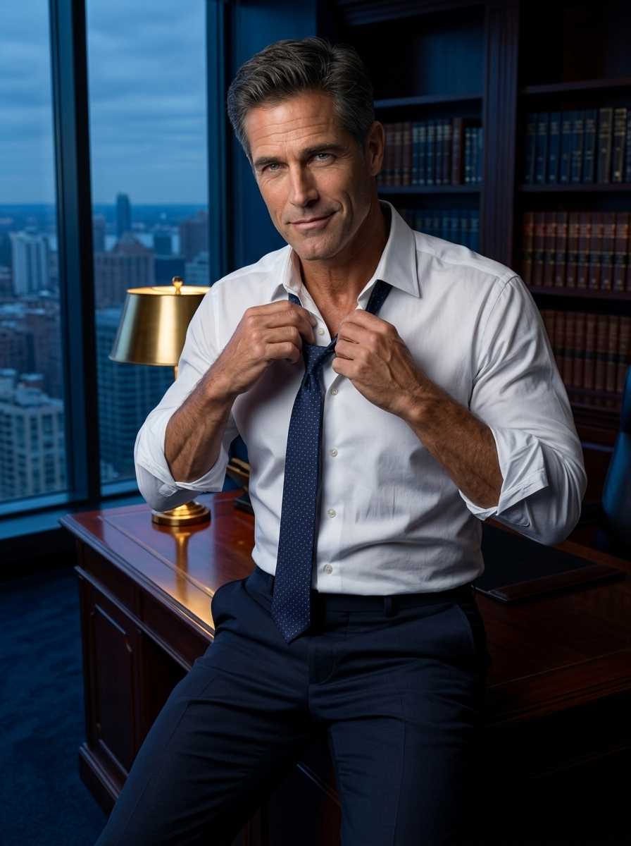 Jake — In a three-quarter body shot set within a sophisticated office featuring floor-to-ceiling windows overlooking a city skyline and dark wood bookshelves, Jake leans against a polished desk while adjusting a dark blue polka-dot tie with both hands, dressed in a crisp white button-down shirt with sleeves rolled up to the elbows to reveal his forearms and dark navy trousers, though his footwear remains out of frame, with his face and upper body dominating the composition to display a confident, slightly smug expression as he gazes directly at the viewer.