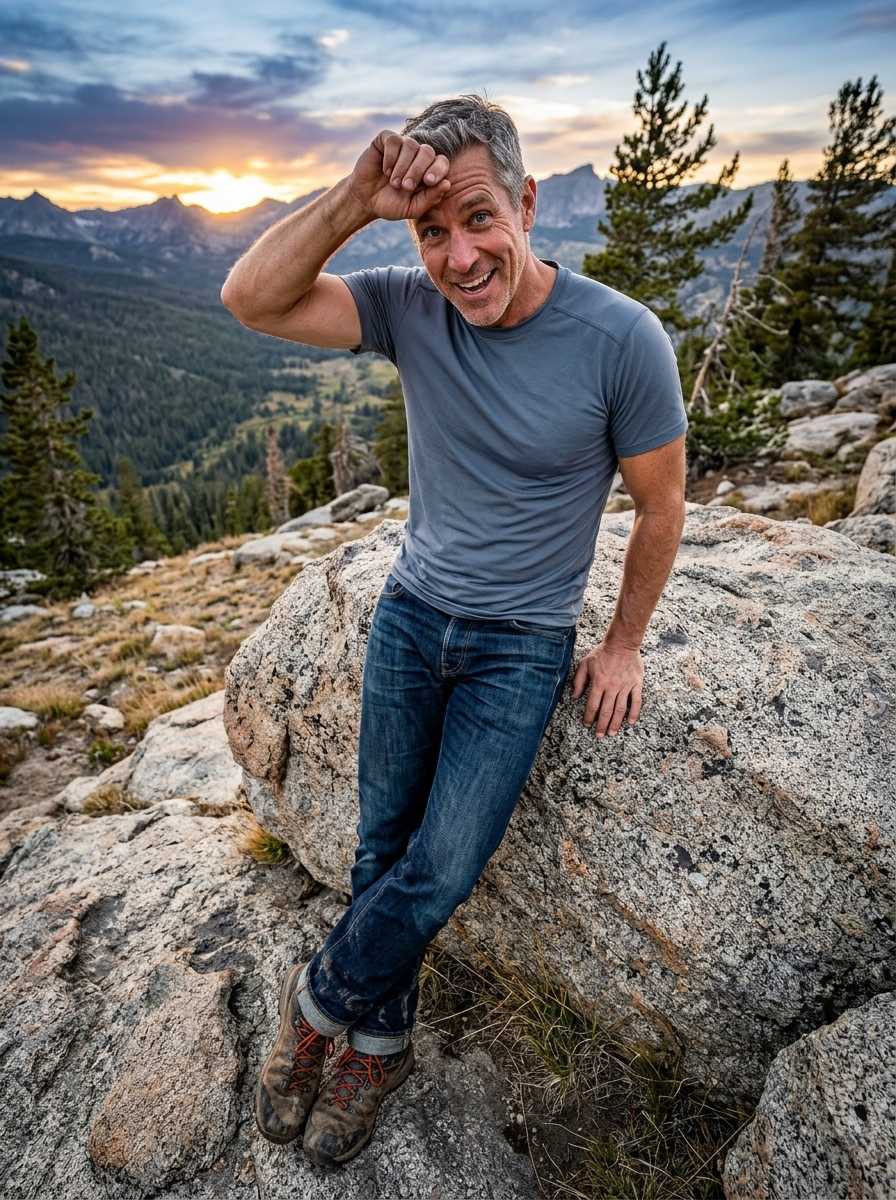Jake — Captured in a full body shot against a mountainous sunset backdrop, Jake leans against a large rock, smiling at the camera while shielding his eyes with his right hand, wearing a grey short-sleeved t-shirt, blue jeans, and brown hiking boots with orange laces, with his full figure visible and his arms and legs prominently shown as he rests his left hand on the boulder.