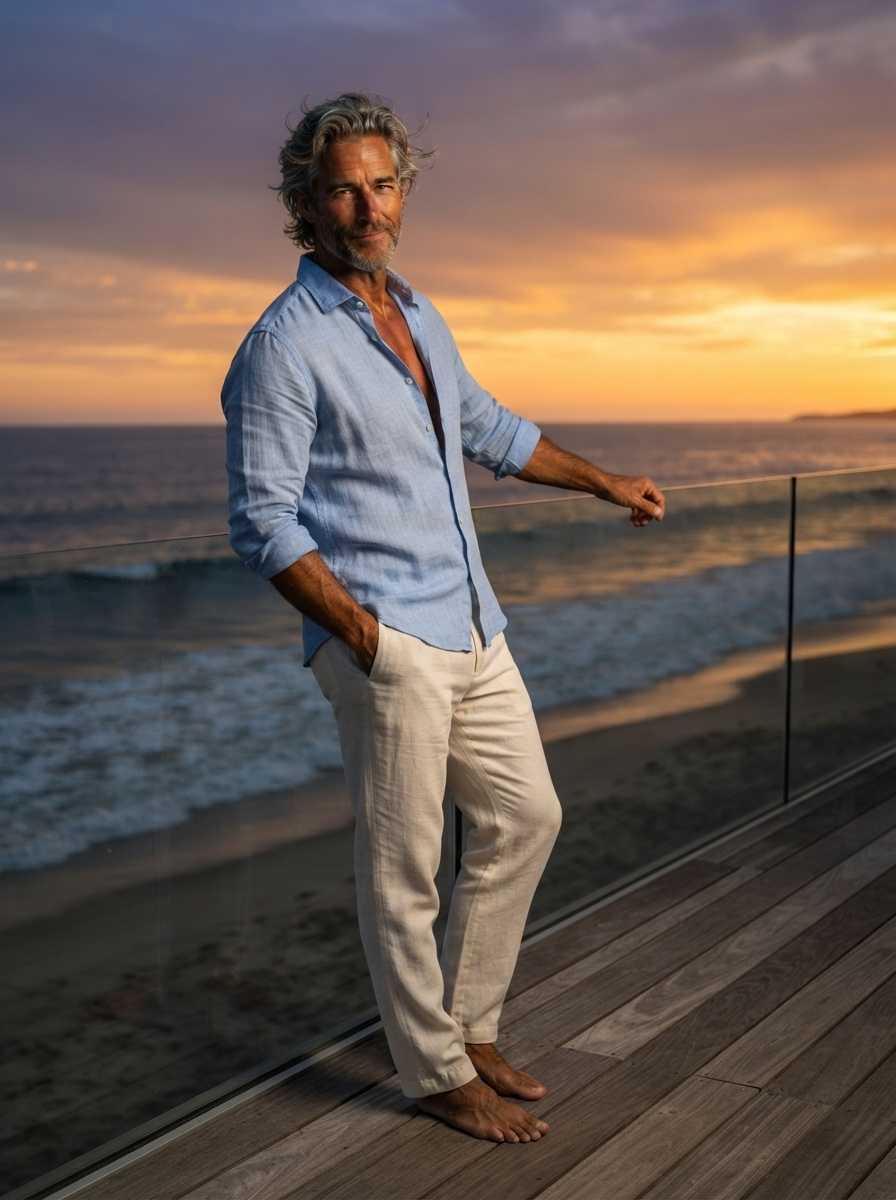 Lucas — Lucas is captured in a full-body shot standing barefoot on a wooden deck with a glass railing, wearing a light blue button-down shirt unbuttoned at the top and cream trousers, posing with one hand in his pocket and a relaxed smile against a sunset ocean backdrop, with his arms and legs clearly visible.