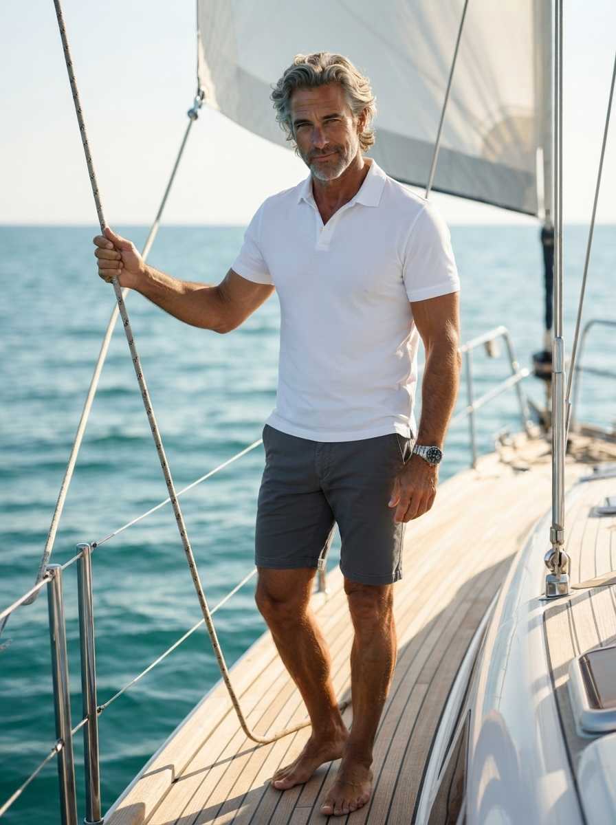 Lucas — Lucas stands barefoot on the wooden deck of a sailboat, gripping a rope with his right hand while wearing a white short-sleeved polo shirt and grey shorts, his face and three-quarter body visible against the blue sea as he offers a confident, slight smile with his muscular arms and legs exposed.