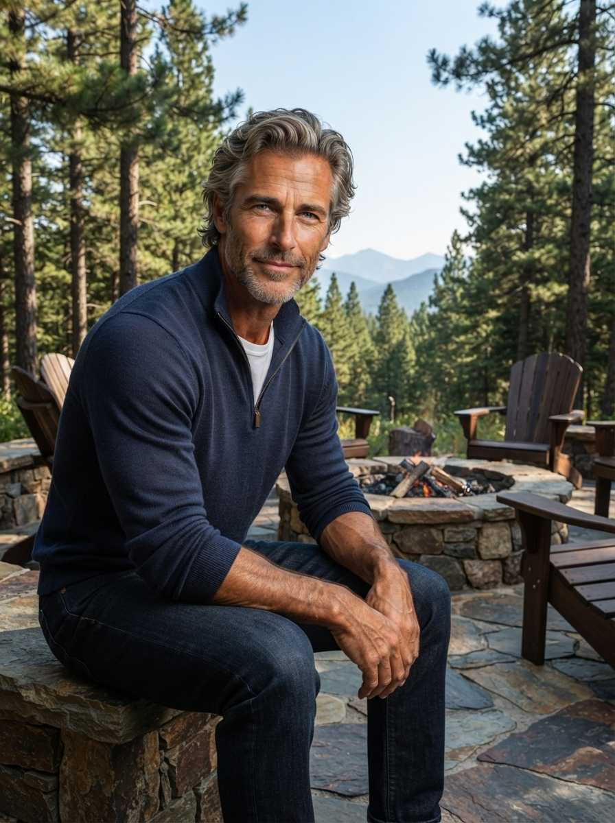 Lucas — In a medium three-quarter shot, Lucas sits on a stone wall wearing a navy blue quarter-zip sweater over a white t-shirt and dark blue jeans, with his hands clasped in his lap and a calm expression, his face and upper body filling the frame while his arms are visible, set against a backdrop of a stone fire pit, wooden chairs, and a pine forest.