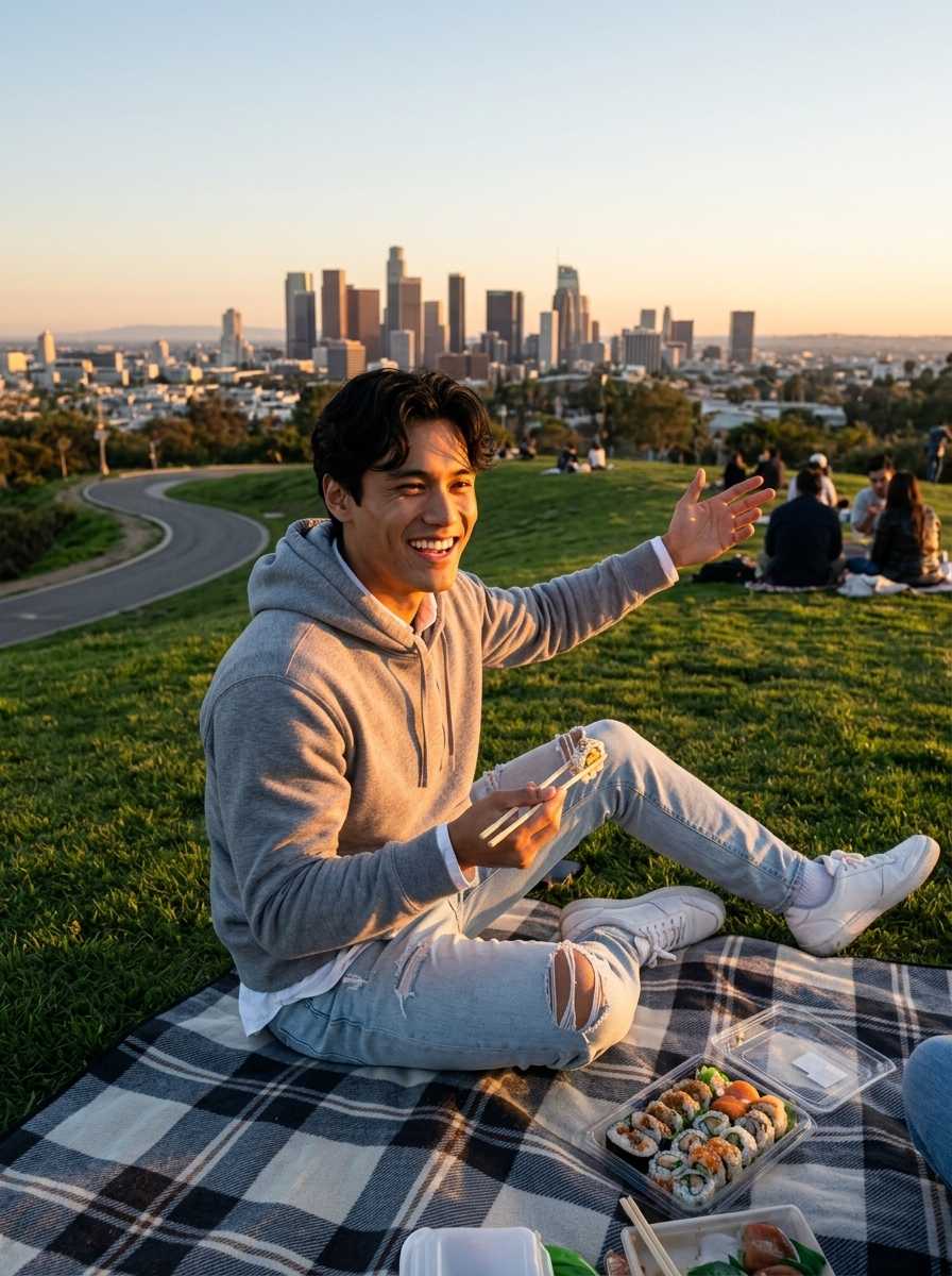 Caleb — In a three-quarter body shot, Caleb sits cross-legged on a plaid picnic blanket with a city skyline in the background, wearing a grey hoodie, ripped light-wash jeans, and white sneakers while smiling broadly and gesturing with one hand as he holds chopsticks in the other.