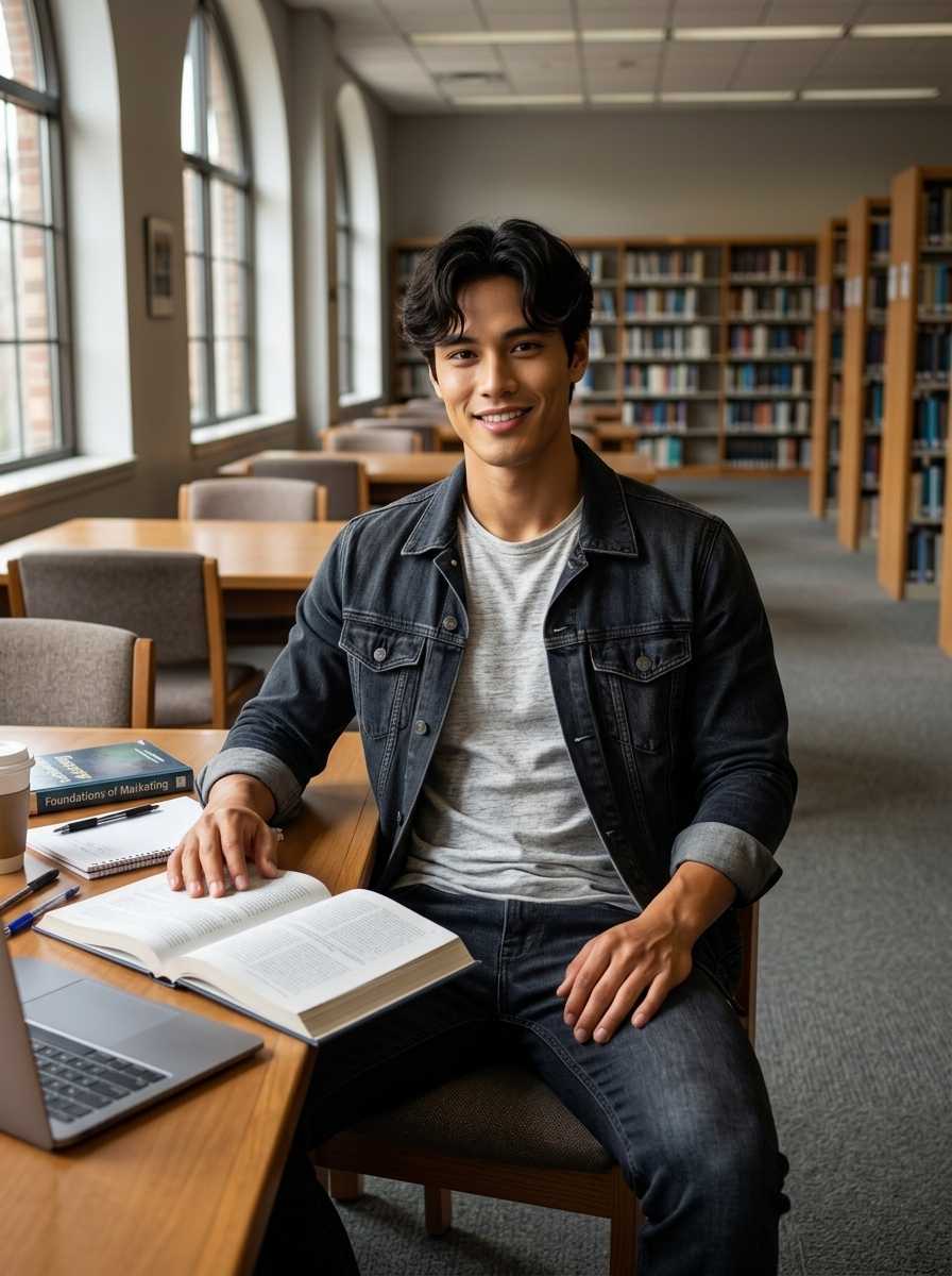 Caleb — In a half-body shot within a library, Caleb sits at a wooden table with an open book and laptop, smiling warmly at the camera while wearing a dark denim jacket over a grey t-shirt, dark jeans, and no visible footwear.