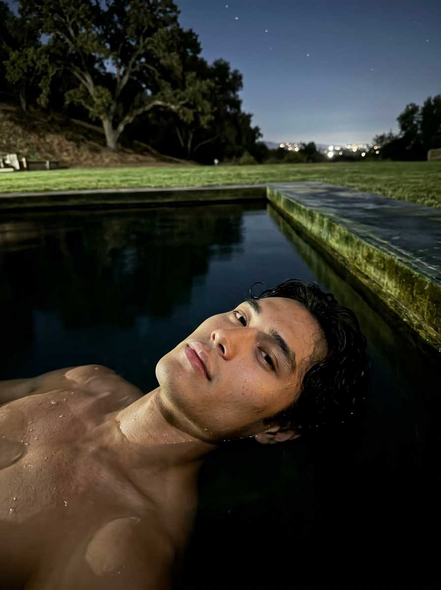 Caleb — In a close-up shot, Caleb is seen floating in a dark outdoor pool at night, his face and upper torso visible above the water, with his head tilted back and a calm expression, while he is shirtless and no footwear is visible.