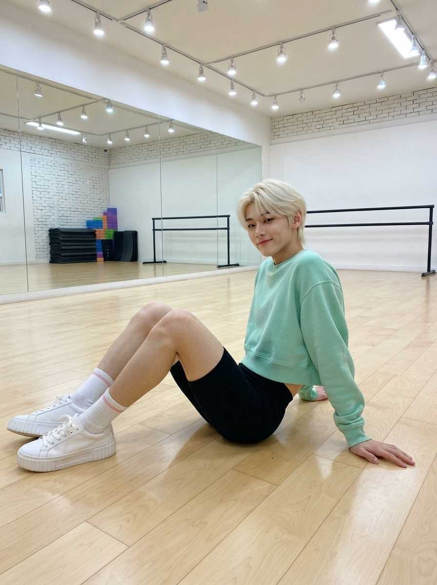 Nikko — In a full-body shot within a dance studio, Nikko sits on the wooden floor leaning back on his left hand with knees bent, wearing a mint green sweatshirt, black shorts, white socks with pink stripes, and white platform sneakers, smiling gently while his legs and arms are clearly visible.