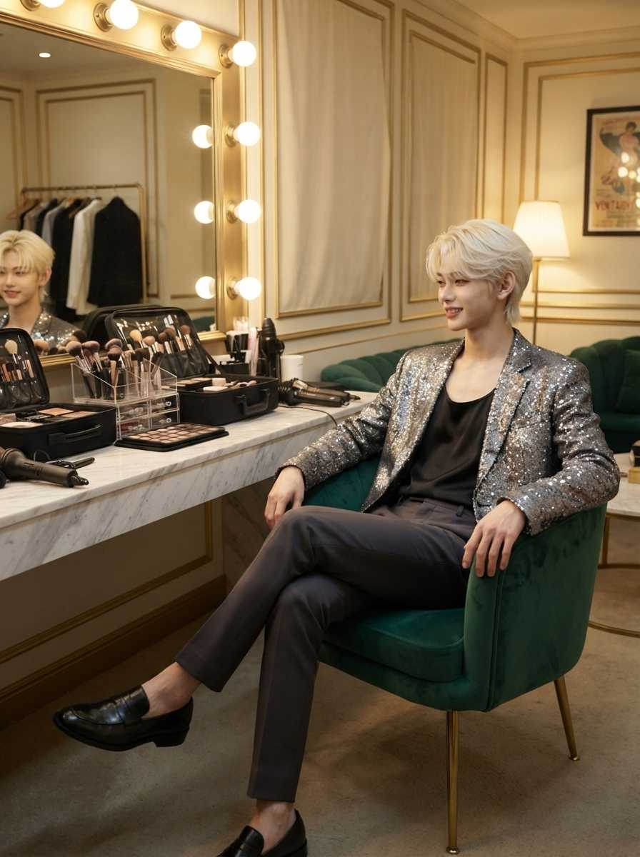 Nikko — In a three-quarter body shot set in a dressing room, Nikko sits relaxed in a plush green velvet armchair with legs crossed, wearing a shimmering silver sequined blazer, a black tank top, dark trousers, and black loafers, his full figure and slim build visible through the tailored fit as he gazes off-camera with a gentle smile near a vanity table cluttered with makeup.