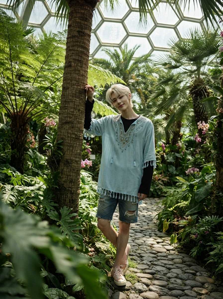 Nikko — In a full-body shot set within a lush greenhouse with a hexagonal glass ceiling, Nikko leans casually against a palm tree trunk with his right hand while crossing his legs at the ankles on a stone path, dressed in a light blue embroidered tunic with tassels layered over a black long-sleeved shirt, distressed denim shorts, and light pink canvas sneakers, his face visible with a soft, relaxed expression as he gazes slightly downward.