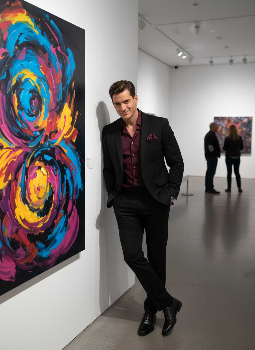 Jack — Jack, wearing a black suit jacket, maroon button-up shirt, patterned dark red pocket square, black trousers, and black lace-up dress shoes, smiles while leaning against a white gallery wall with his hands in his pockets and legs crossed, next to a vibrant abstract painting in an art gallery where other patrons are visible in the background.