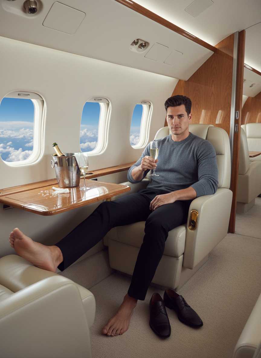 Jack — Jack, wearing a grey long-sleeved crewneck sweater and dark trousers, is relaxed and barefoot in a cream-colored leather seat of a private jet, holding a glass of champagne with his black dress shoes resting on the carpet, as he looks directly at the camera while windows reveal a sky full of clouds.