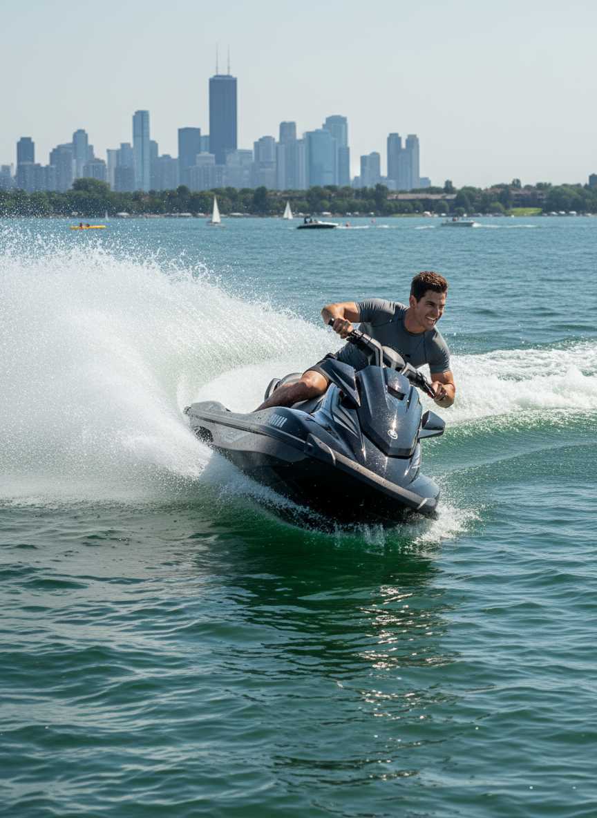 Jack — Jack, wearing a grey short-sleeved rash guard and dark shorts, is actively riding a dark blue jet ski, leaning into a sharp turn and creating a large spray of water, with a wide smile on his face, against the backdrop of a city skyline across a wide body of water with other boats.