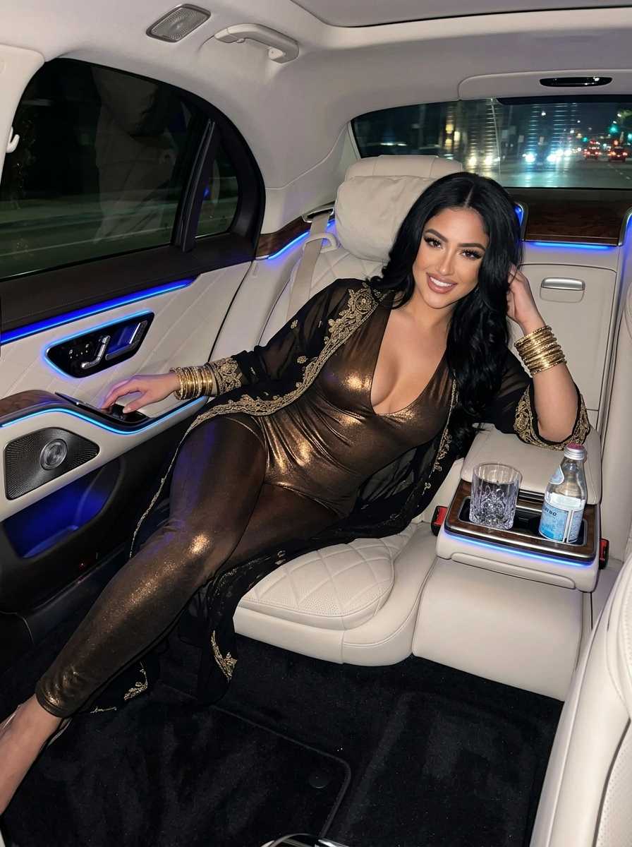 Zara — In a three-quarter body shot from the rear of a luxury limousine, Zara reclines on a white leather seat with a confident smile, her face and upper body filling the frame. She wears a shimmering bronze metallic bodysuit that clings to her form, paired with a sheer black robe featuring intricate gold embroidery along the edges. Her legs are bare, and she is not wearing any visible footwear. Her pose is relaxed yet alluring, with one hand resting on the car's control panel and the other touching her hair, highlighting her curves and the outfit's details.
