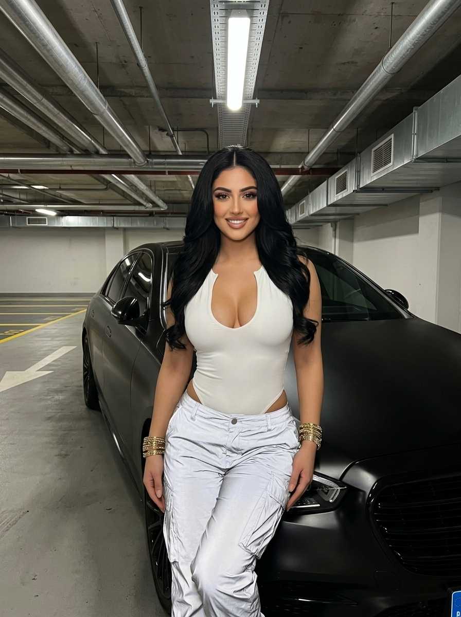 Zara — In a three-quarter body shot within an industrial parking garage, Zara leans casually against a matte black car with a bright smile, her full face and upper body filling the frame to prominently display her white halter bodysuit with a deep neckline and cutouts, paired with light-colored cargo pants and gold bracelets, while her footwear remains out of view.