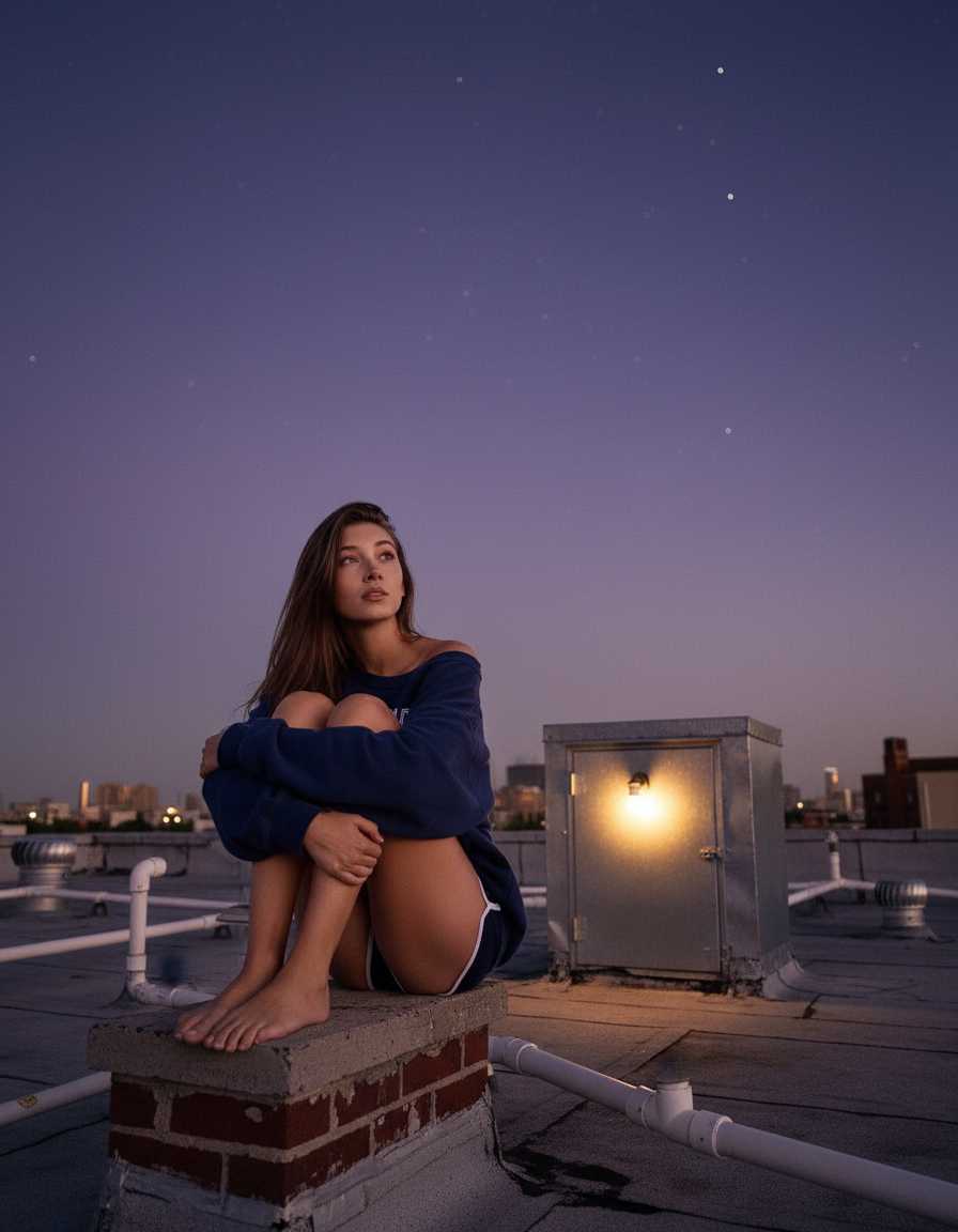 Cassie — Cassie sits pensive and barefoot on a brick structure on a city rooftop at dusk, wearing a dark blue off-the-shoulder sweatshirt and dark blue shorts with white trim, looking up at the star-filled sky.