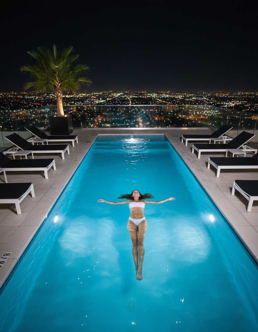 Cassie — Cassie floats serenely on her back with her arms extended in a vibrant blue rooftop pool at night, wearing a white bikini top and white bikini bottom, with the sparkling city lights visible in the distant background alongside a potted palm tree and several lounge chairs on the deck.