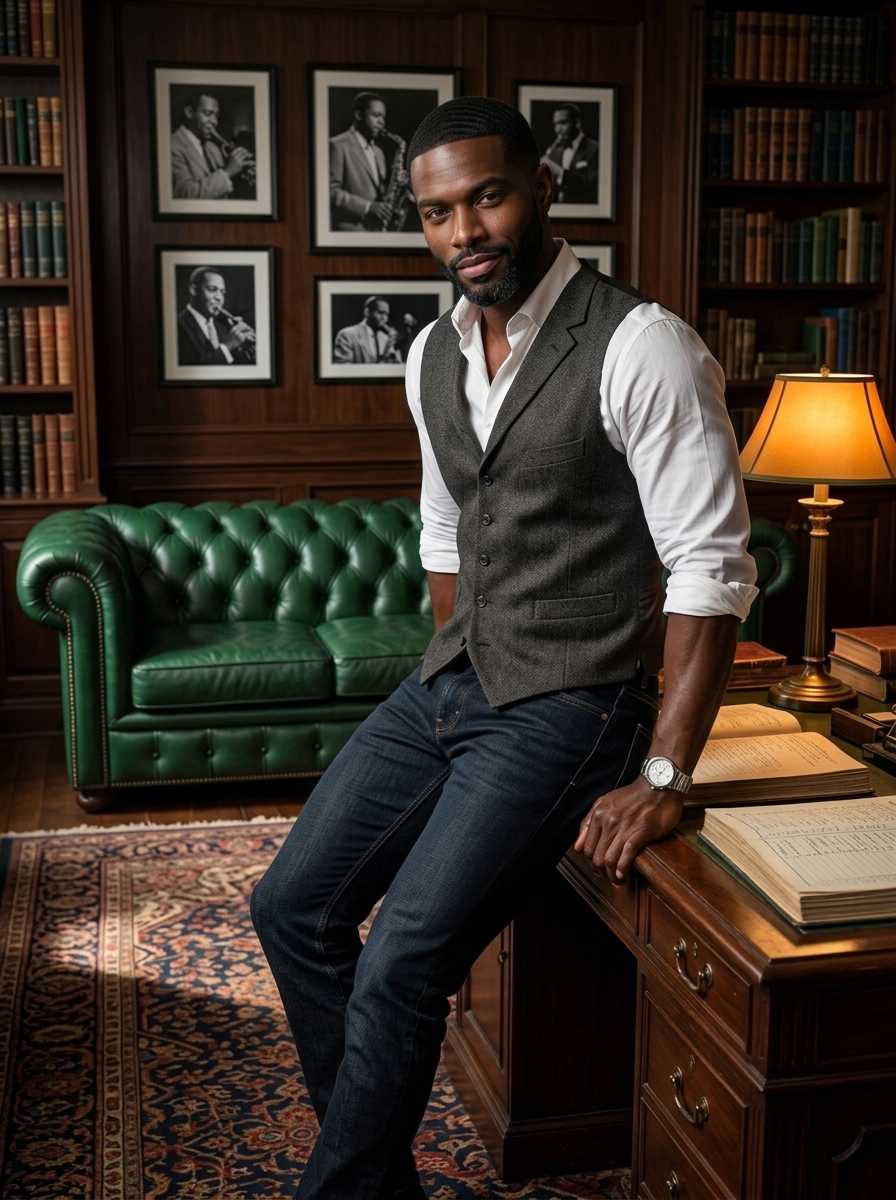 Idris — In a three-quarter body shot, Idris leans casually against a wooden desk in a library setting, wearing a white button-down shirt with rolled-up sleeves, a grey waistcoat, dark blue jeans, and a wristwatch, with his face and upper body filling the frame while his physique is subtly defined by the fitted clothing.