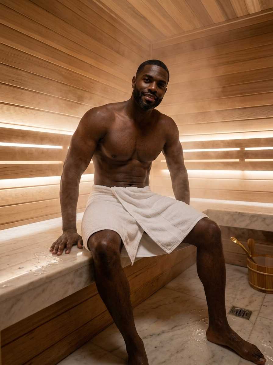 Idris — In a three-quarter body shot within a steamy wooden sauna, Idris sits on a marble bench wearing only a white towel wrapped around his waist, with his bare chest and muscular arms prominently visible as he looks directly at the camera with a relaxed expression.