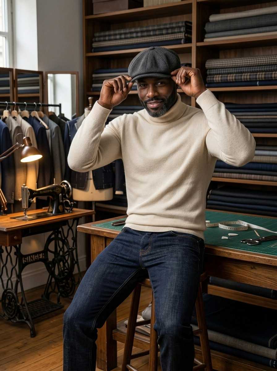 Idris — In a medium three-quarter shot within a tailor's workshop, Idris sits on a wooden stool adjusting a grey flat cap with both hands while smiling warmly at the camera, wearing a cream turtleneck sweater, dark blue jeans, and brown leather shoes, with his upper body and face clearly visible against a backdrop of fabric shelves and a sewing machine.