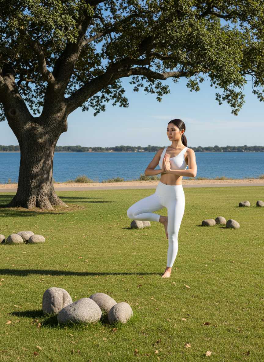 Yumi — Yumi, dressed in a white sports bra and white yoga pants, stands barefoot in a tree yoga pose with her hands in a prayer position, on a vibrant green lawn scattered with round rocks, beneath a large tree with a serene body of water and a distant shoreline visible under a clear blue sky.