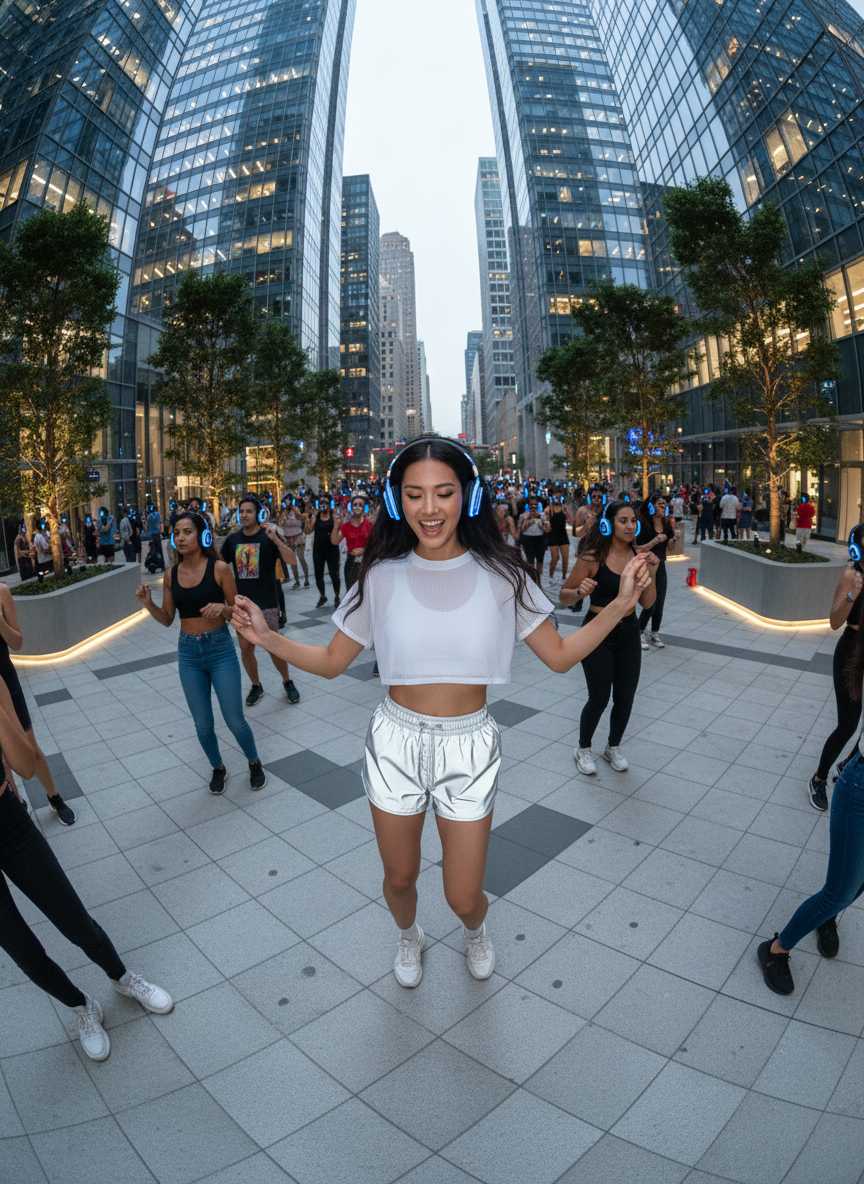 Yumi — Yumi, wearing a white mesh crop top, reflective silver drawstring shorts, and white sneakers, joyfully dances with her arms outstretched and a wide smile, while sporting glowing blue headphones amidst a crowd of people in an urban plaza surrounded by modern skyscrapers.