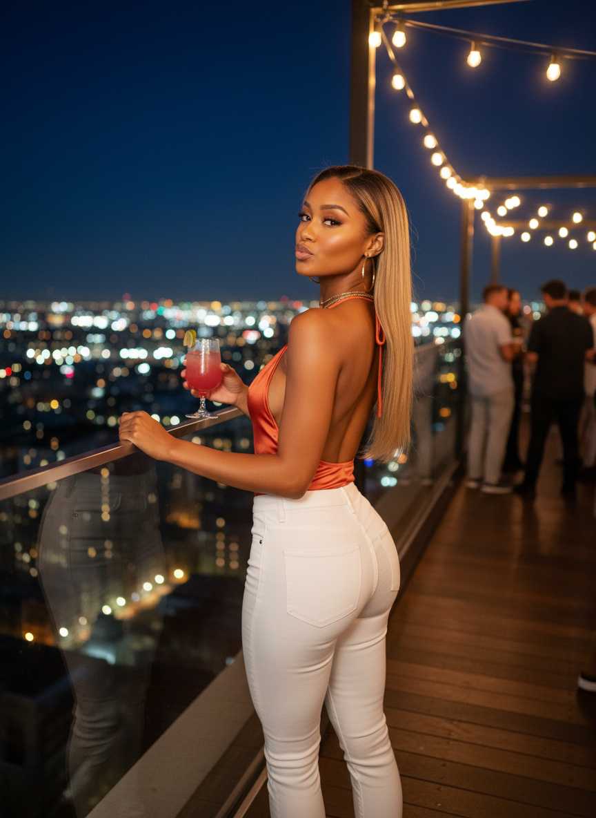 Sienna — A medium shot captures a woman in a backless orange halter top and white high-waisted jeans, holding a pink cocktail while leaning on a railing, looking over her shoulder at the camera with a pout on a city rooftop at night, with city lights and string lights visible in the background.