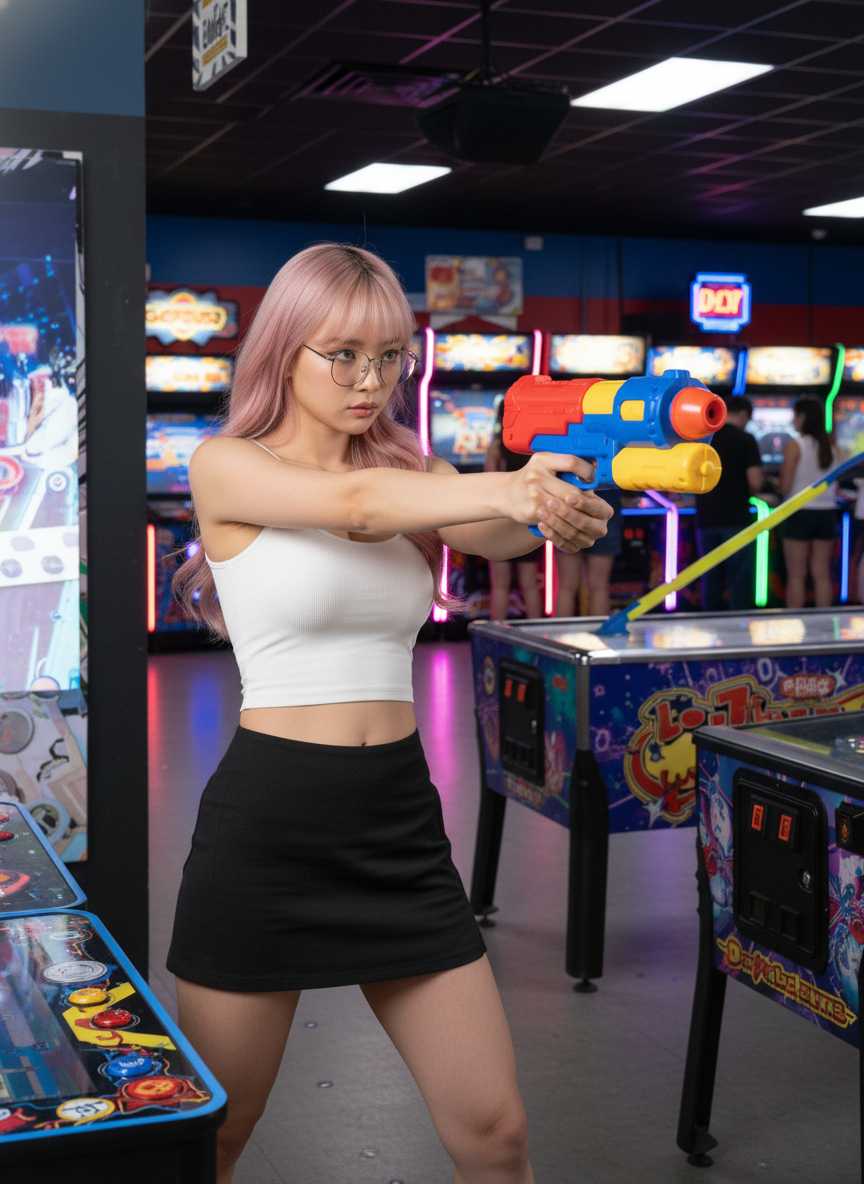 Kaia — Kaia stands in a medium shot within an arcade, wearing a white ribbed spaghetti strap crop top and a black mini skirt, with a focused expression as she aims a colorful toy water gun with both hands amidst various neon-lit pinball and arcade games.