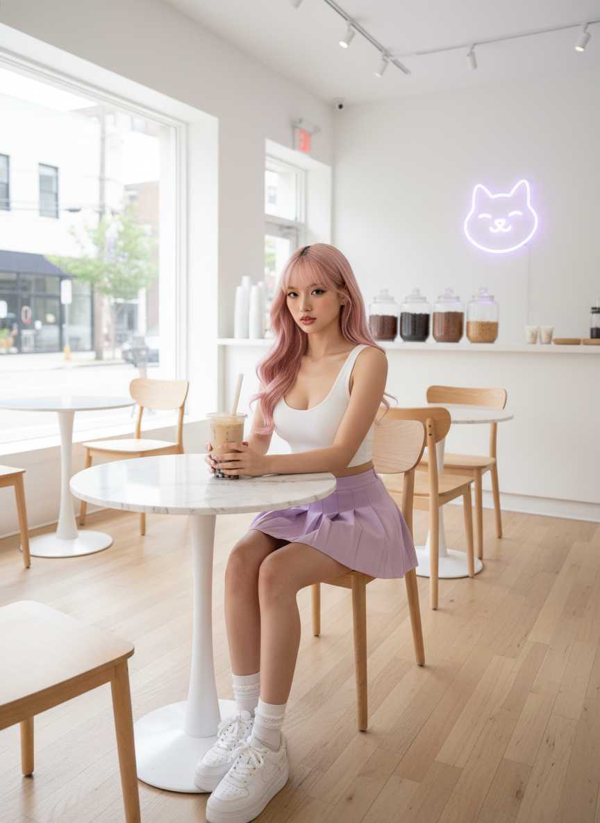 Kaia — Kaia sits at a white marble table in a brightly lit cafe, holding a bubble tea, wearing a white cropped tank top, a light purple pleated mini skirt, white frilly ankle socks, and white platform sneakers, looking directly at the camera with a serious expression, with a neon cat sign visible in the background.
