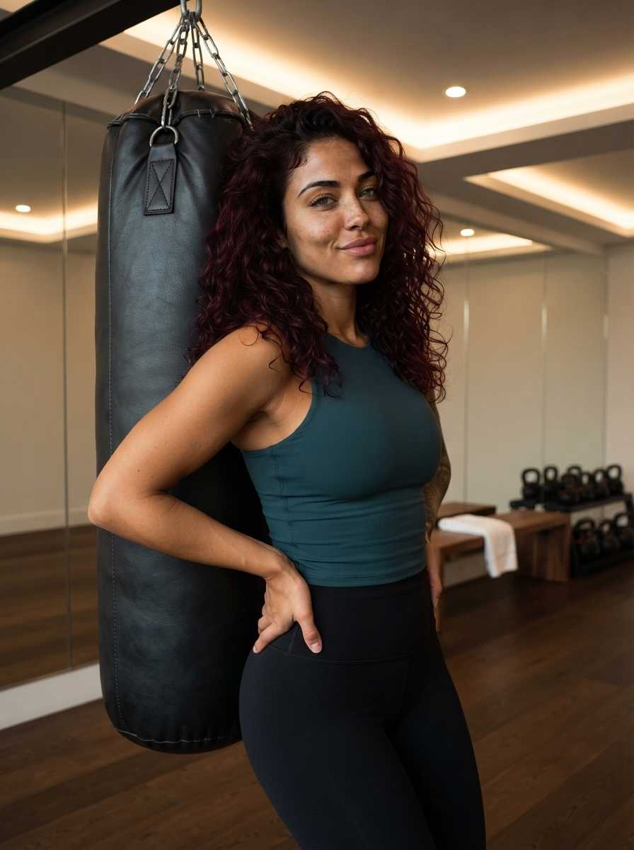 Rubi — Rubi poses in a three-quarter body shot inside a gym with mirrored walls and kettlebells, leaning against a black punching bag with one hand on her hip while wearing a teal tank top and black leggings that reveal her torso and hips, with her face and upper body filling the frame as she offers a soft smile.