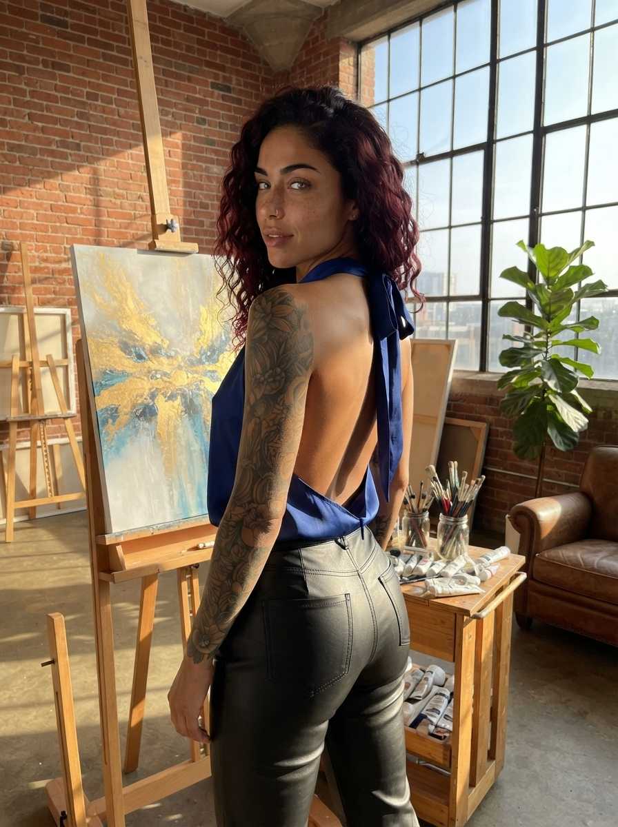 Rubi — In a sunlit art studio, Rubi glances back over her shoulder with a soft expression, wearing a blue backless halter top that exposes her tattooed arm and lower back, paired with tight black leather pants that highlight her hips and thighs, framed in a three-quarter rear view.