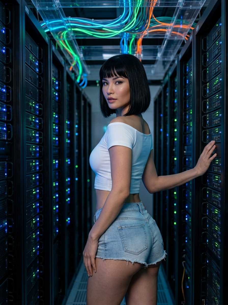 Skylar — In a three-quarter body shot from behind, Sky stands in a server room aisle, wearing a white off-the-shoulder crop top and light-wash denim shorts with frayed hems, her left hand resting on a server rack while she looks back over her shoulder with a neutral expression, her face and upper body filling the frame with her lower back and hips prominently visible.