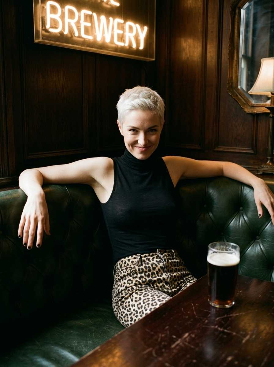 Frankie — In a half-body shot, Frankie sits comfortably on a green leather couch in a dimly lit pub, wearing a black sleeveless turtleneck top and leopard-print trousers, with a pint of dark beer on the table in front of her, her arms resting on the back of the couch and a warm smile on her face.
