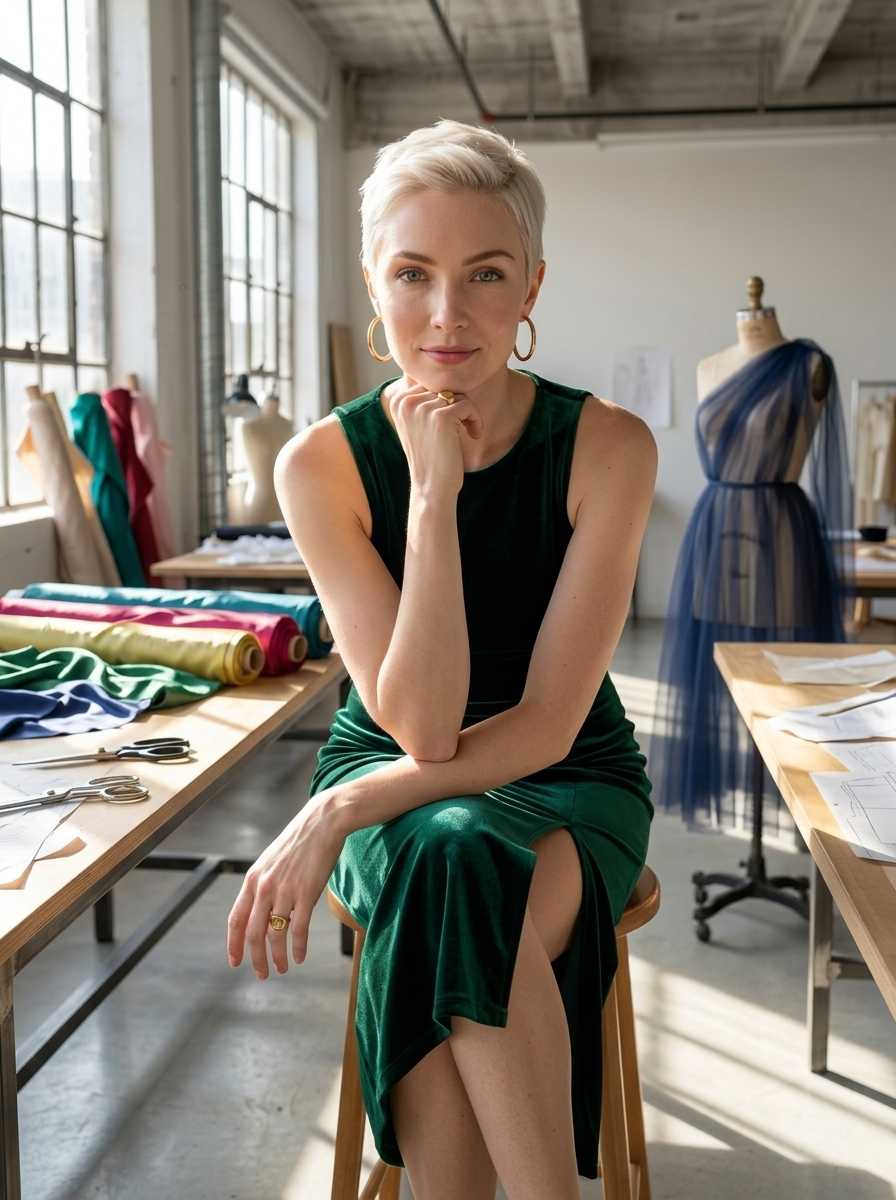 Frankie — In a half-body shot within a sunlit fashion studio, Frankie sits on a wooden stool wearing a sleeveless emerald green velvet dress with a thigh-high slit, her hand resting thoughtfully on her chin as she gazes directly at the camera with a calm expression, surrounded by bolts of colorful fabric and a mannequin draped in blue tulle.