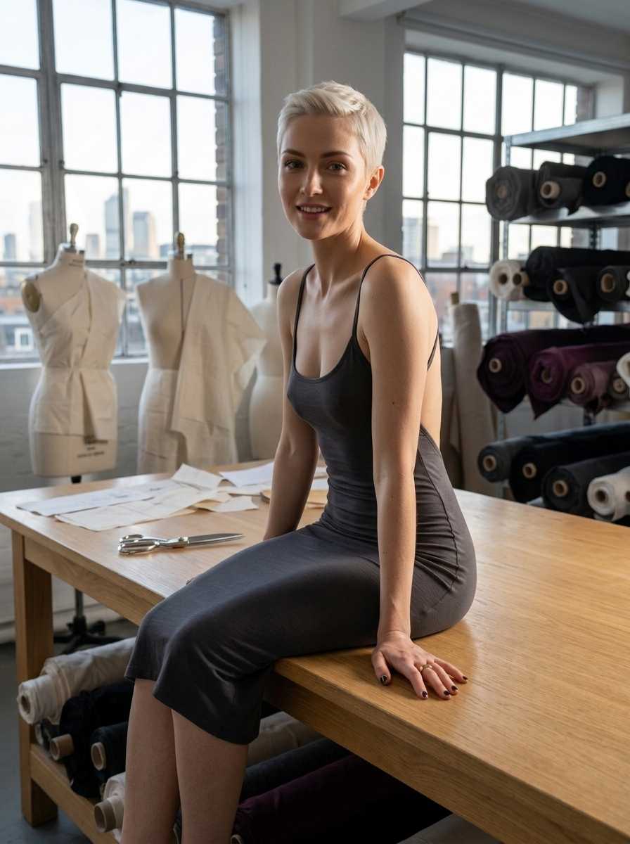 Frankie — In a medium three-quarter body shot, Frankie sits confidently on a large wooden worktable in a bright design studio, wearing a form-fitting, dark grey sleeveless midi dress with thin spaghetti straps that accentuates her figure, while smiling warmly at the camera with her legs crossed and hands resting on the table.