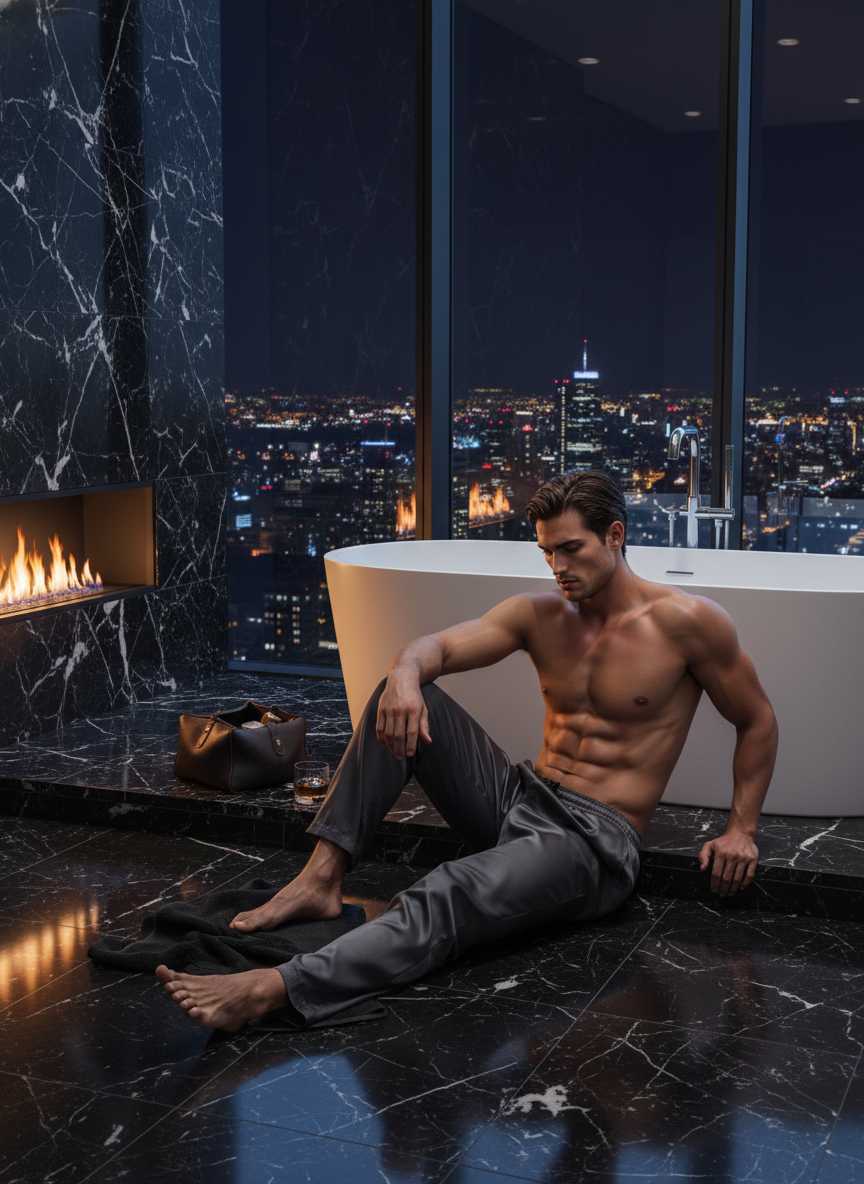 Max — Max is sitting on the glossy black marble floor of a luxurious high-rise bathroom at night, looking down pensively while leaning against a white bathtub, wearing dark grey satin pajama pants and no footwear, with a modern fireplace flickering nearby and a city skyline visible through large windows in this medium shot.