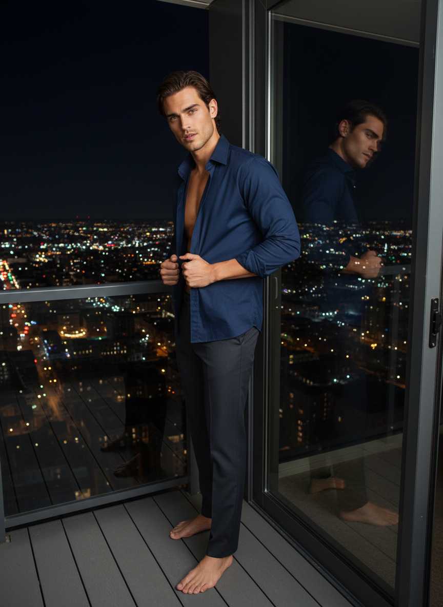 Max — Max stands barefoot on a balcony at night, looking directly at the viewer while holding open his dark blue button-down shirt worn over dark grey trousers, with a city skyline visible in the background and his reflection in a glass door.