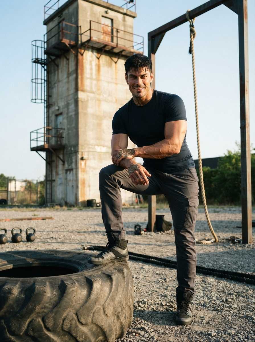 Seth — In a full-figure, three-quarter body shot, Seth stands in an outdoor training area with a large tire and a tall tower in the background, smiling while posing with one foot on the tire, wearing a dark navy short-sleeved t-shirt, dark grey cargo pants, and black athletic sneakers, with his muscular arms and torso prominently visible.