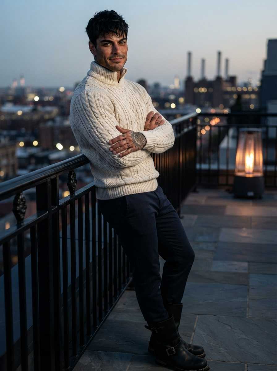 Seth — In a three-quarter body shot, Seth stands on a rooftop at dusk with his arms crossed and a slight smile, wearing a white cable-knit turtleneck sweater, dark navy trousers, and black leather boots.